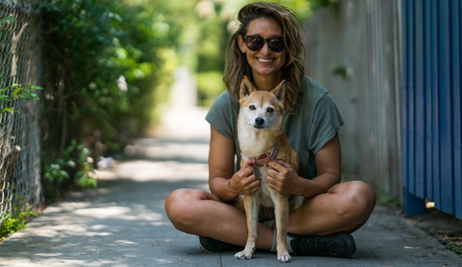 Kassia Meador and her dog Iruka in Venice for The Pup Project by The Inertia