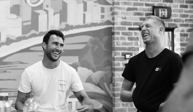 Mick Fanning and Joel Parkinson at Balter Brewery