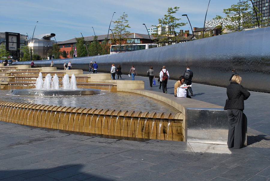 Fountains, like this Urban Splash fountain in Sheffield, U.K., provide visual and audio respite for city dwellers