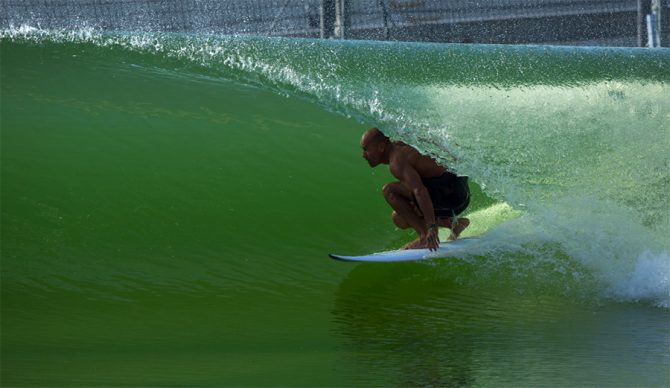 Kelly Slater in the barrel at the Surf Ranch