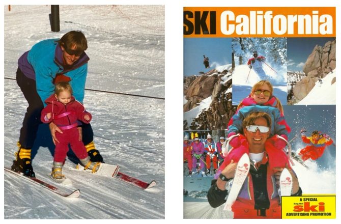 Left: First time skiing. 10-months-old, with Dad, on the rope tow at Squaw. Right: Full of stoke, Amie’s first cover, with Dad. 