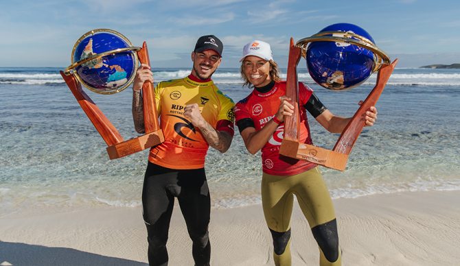 Sally Fitzgibbons and Gabriel Medina with their Rottnest winner's trophies