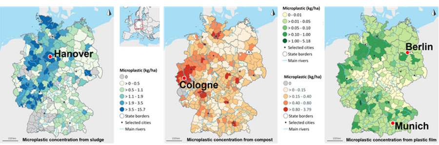 Maps presenting the simulated regional microplastic pollution