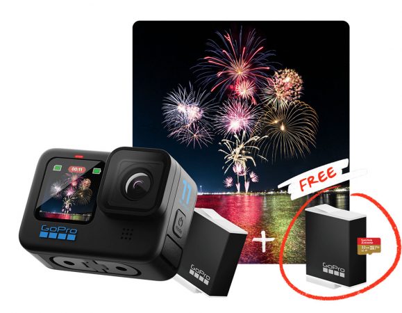 a product shot of the gopro hero 11 on sale for a fourth of july deal including a bonus battery and sd card.