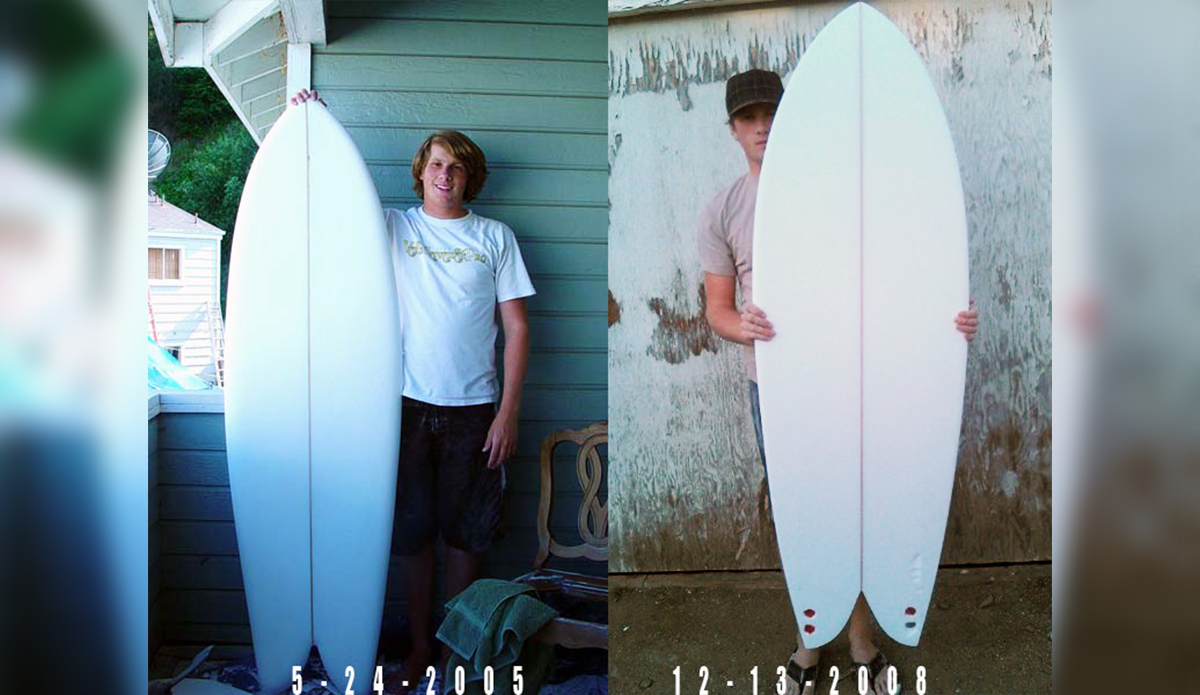 An 18-year-old Ryan Lovelace holding his first board, and then the board he reshaped it into years later. Photo: RL