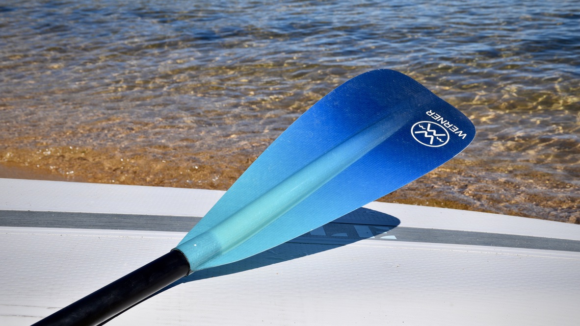 showing an up close shot of the Werner Zen SUP paddle near Lake Tahoe