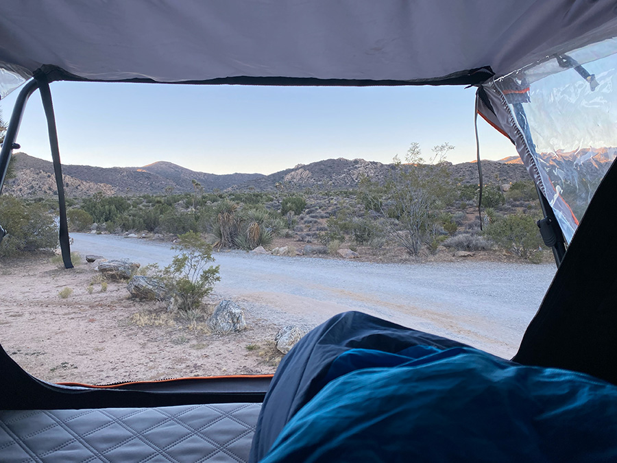 looking out the back door of the roofnest condor 2 rooftop tent