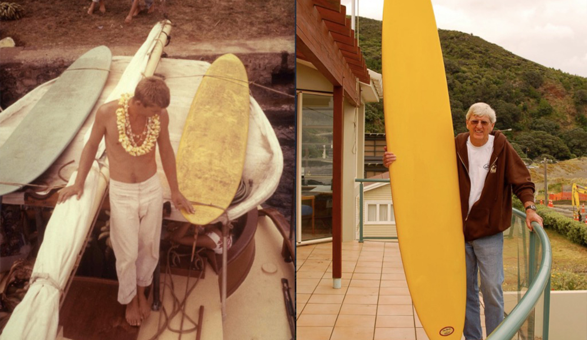 Bing on the yacht with his Velzy Pig, before setting sail, then again with the same board 50 years later. Photo: BC