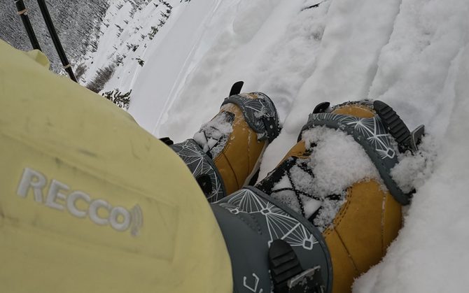 The nitro team TLS snowboard boots while in splitboarding mode