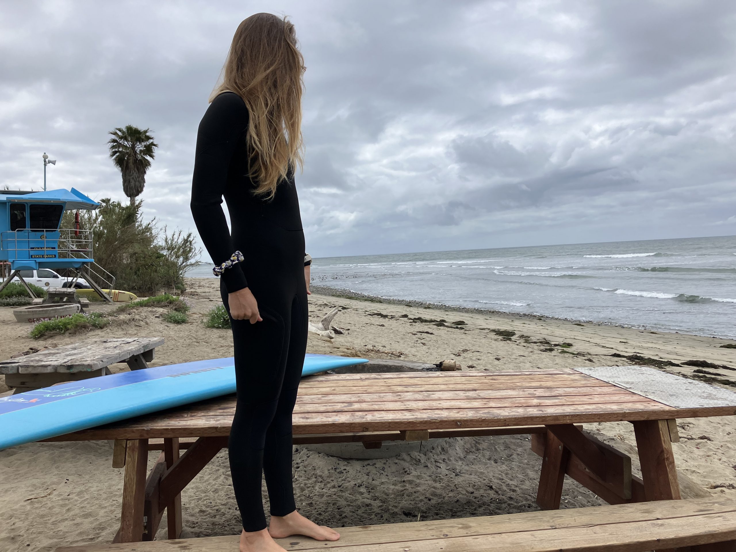 women in a wetsuit at the beach