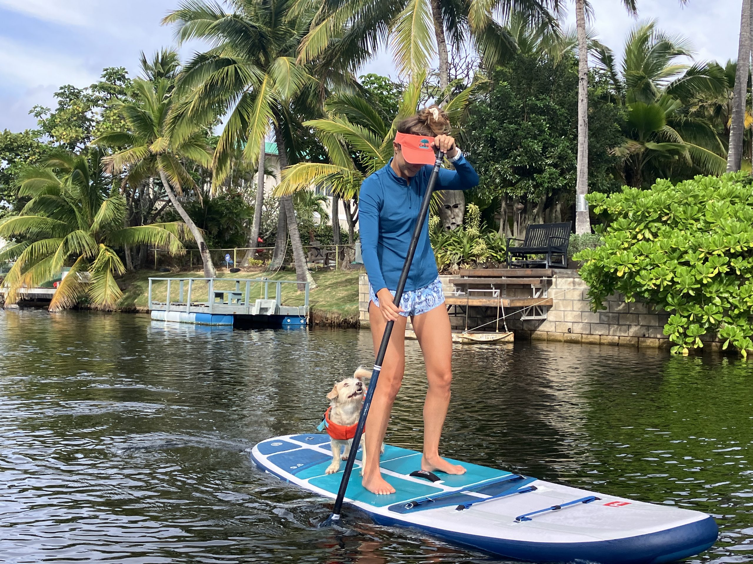 woman and a dog riding a paddle board