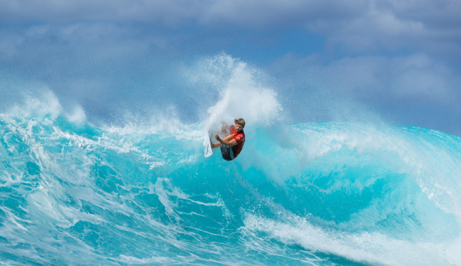 OAHU, HAWAII - FEBRUARY 18: Two-time WSL Champion John John Florence of Hawaii surfs in Heat 3 of the Round of 16 at the Hurley Pro Sunset Beach on February 18, 2024 at Oahu, Hawaii. (Photo by Tony Heff/World Surf League)