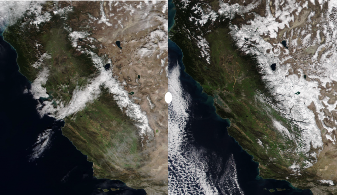 Satellite images from show how the Pineapple Express affected California's Sierra Mountain range on 1/28 (left) and 2/10 (right.) Image: NASA 