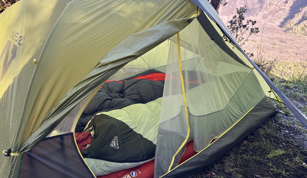 backpacking sleeping bags inside a tent