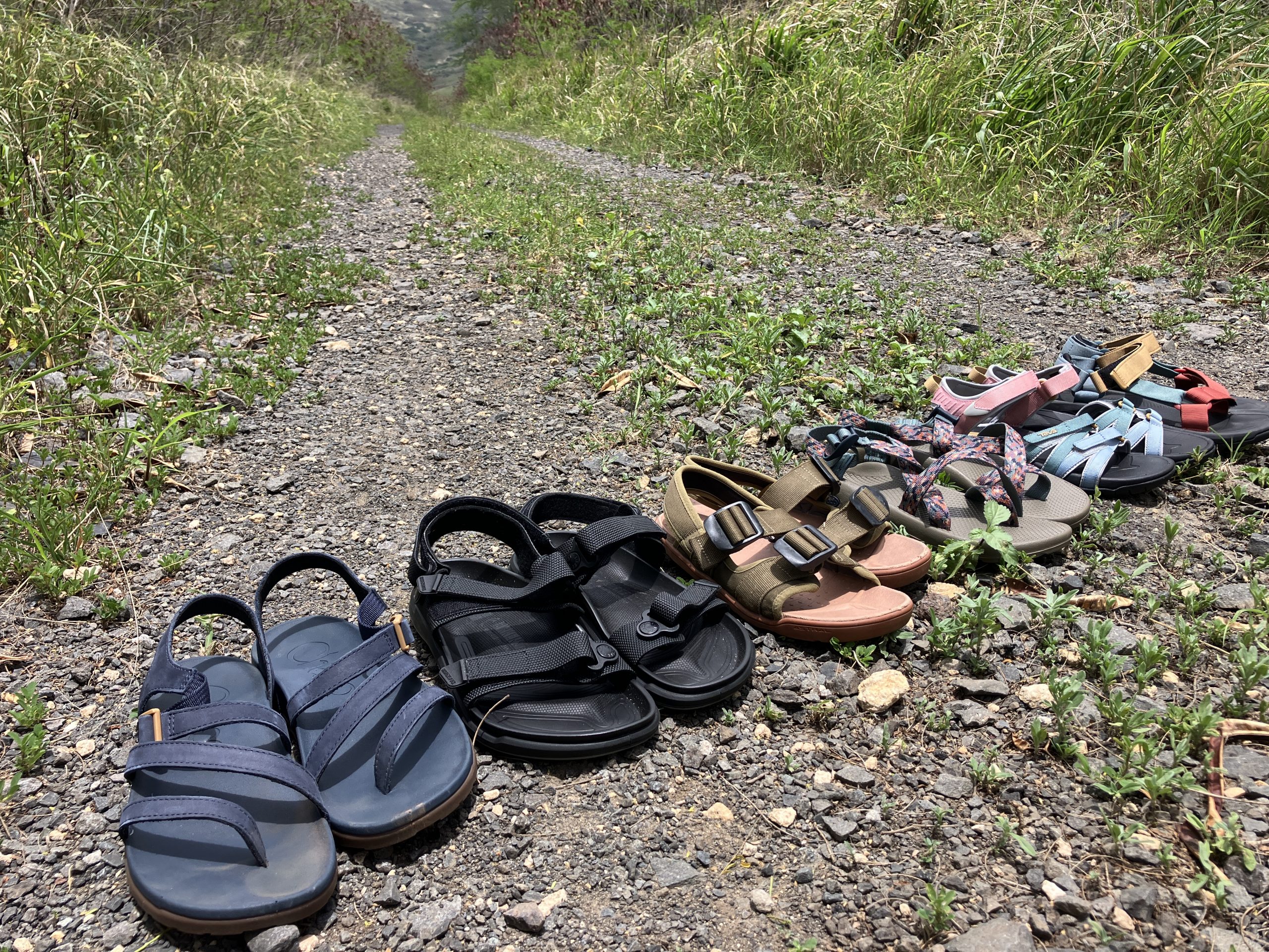 a bunch of hiking sandals lined up 