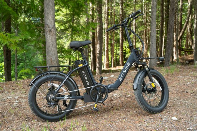 the engwe l20 electric bike with a forest backdrop