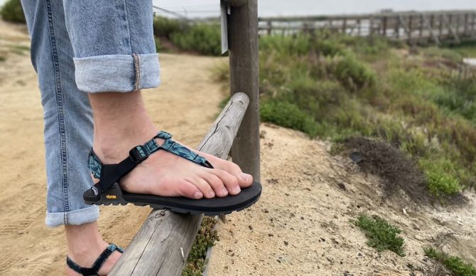 Bedrock Cairn Evo sandals on the trail
