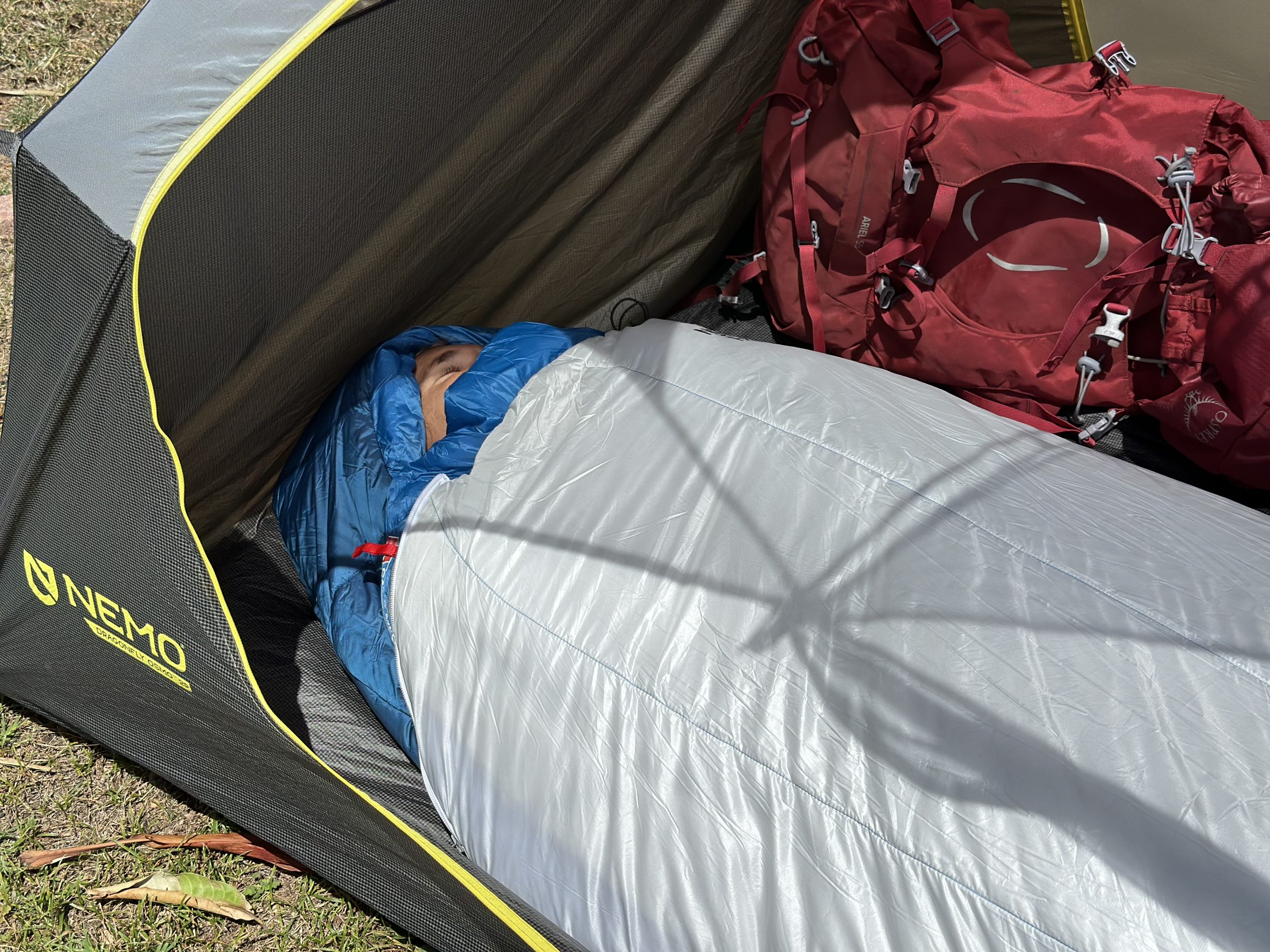 sleeping in the cat's meow sleeping bag in a tent