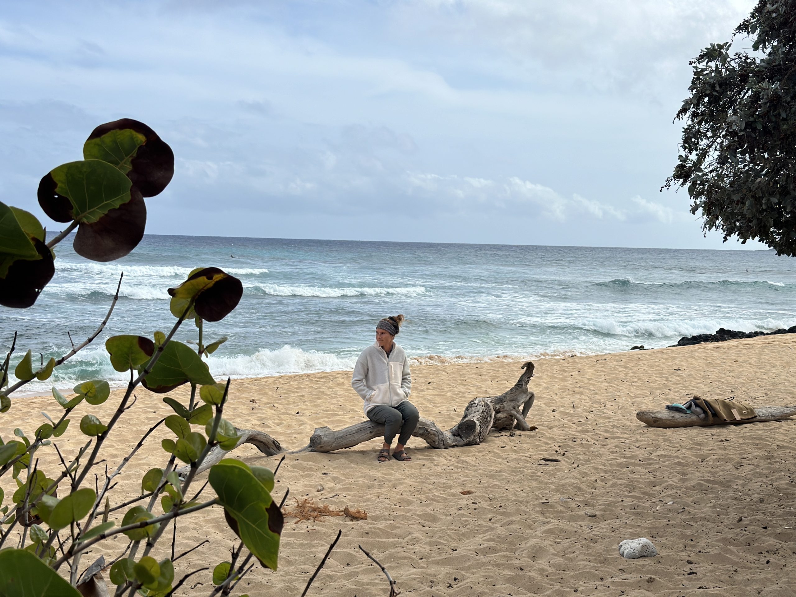 a woman sitting on a branch at the beach wearing a fleece