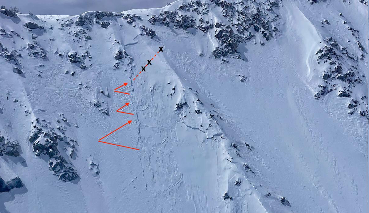 The fin on Big Willow Aprons. The X's mark the skiers' positions just before the avalanche. Photo: Utah Avalanche Center