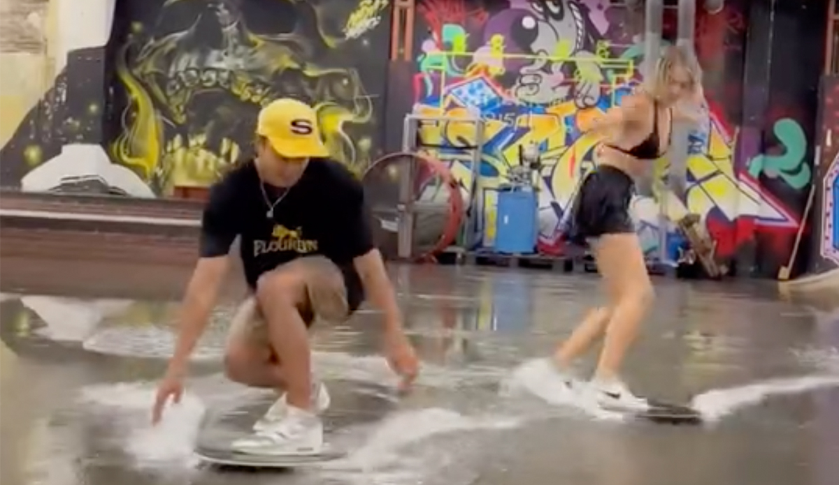 Adrien Raza and Sterre Meijer skim a flooded skate park. Photo: Adrien Raza // Instagram