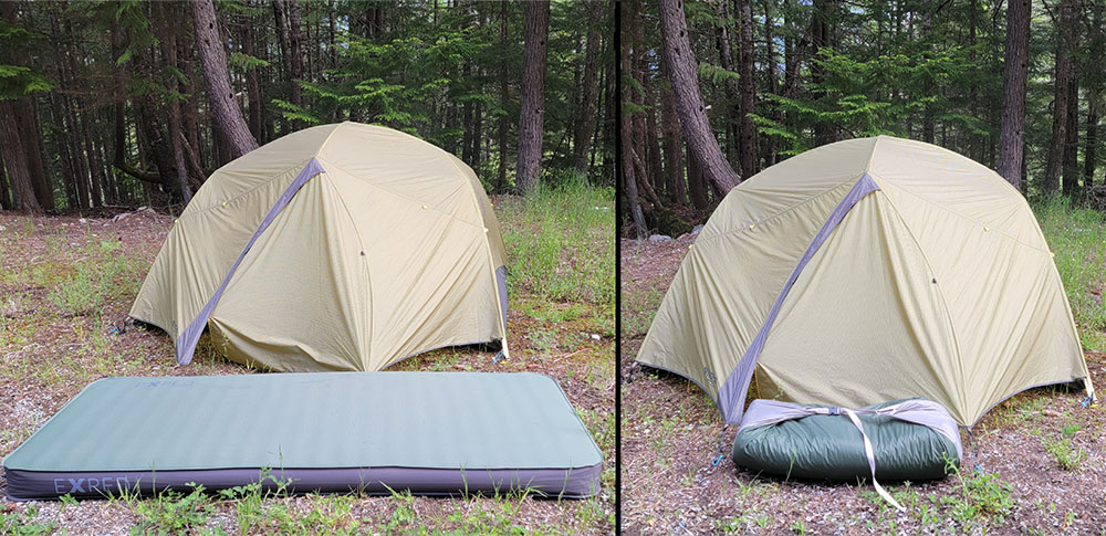 a side-by-side comparison of the Exped Megamat 10 sleeping pad before and after inflating