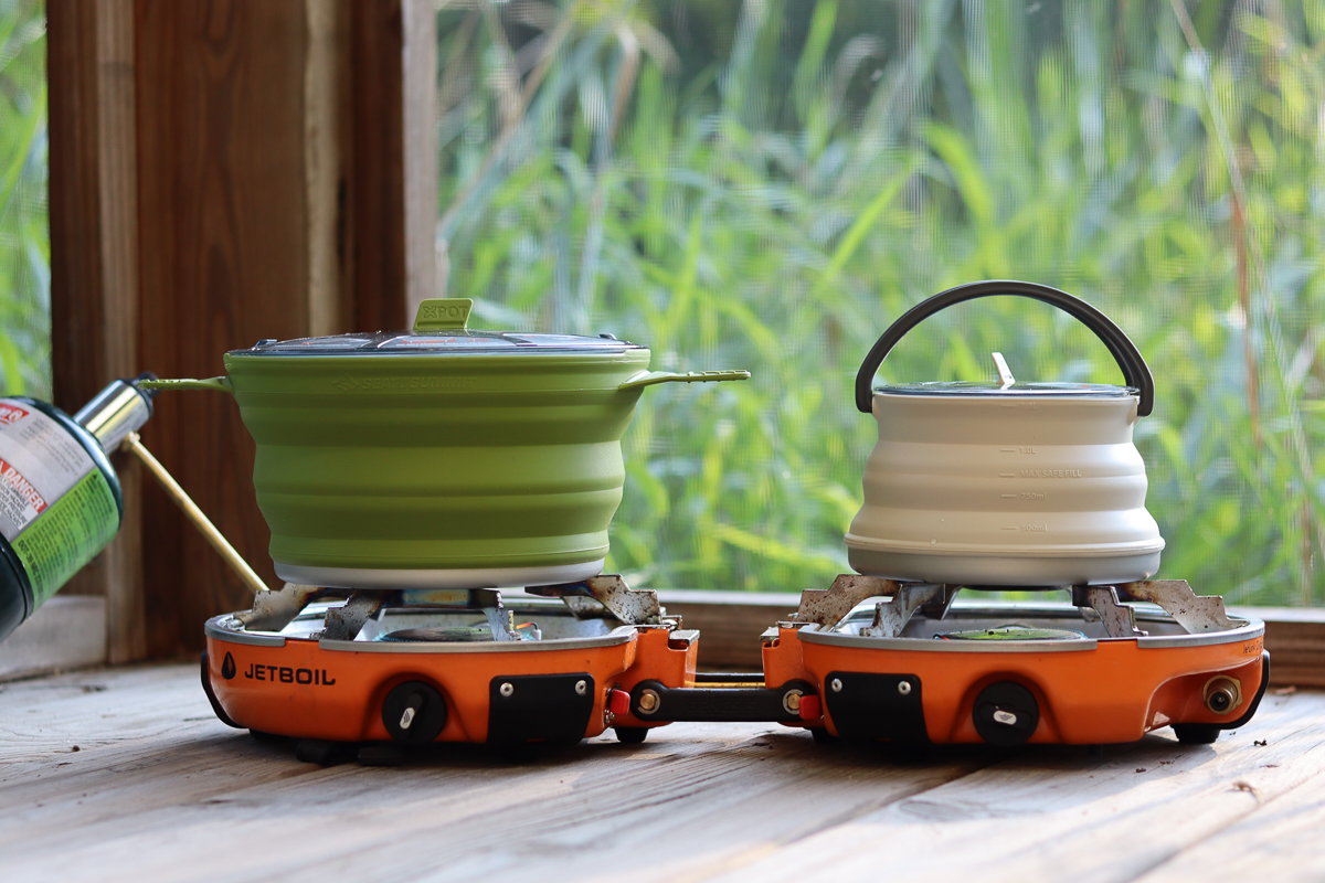 collapsible pots on a camping stove