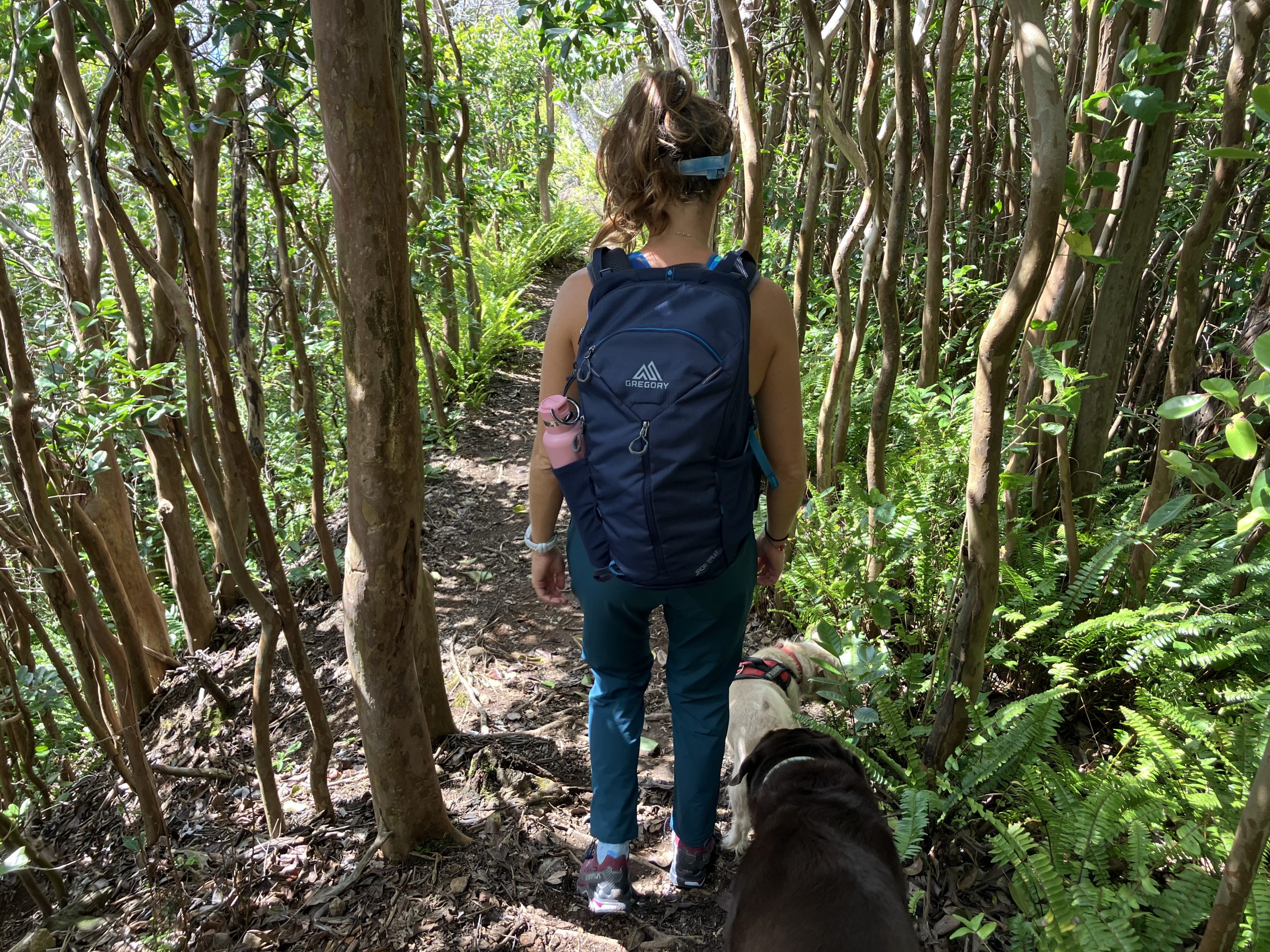 a woman hiking in the forest wearing a backpack 