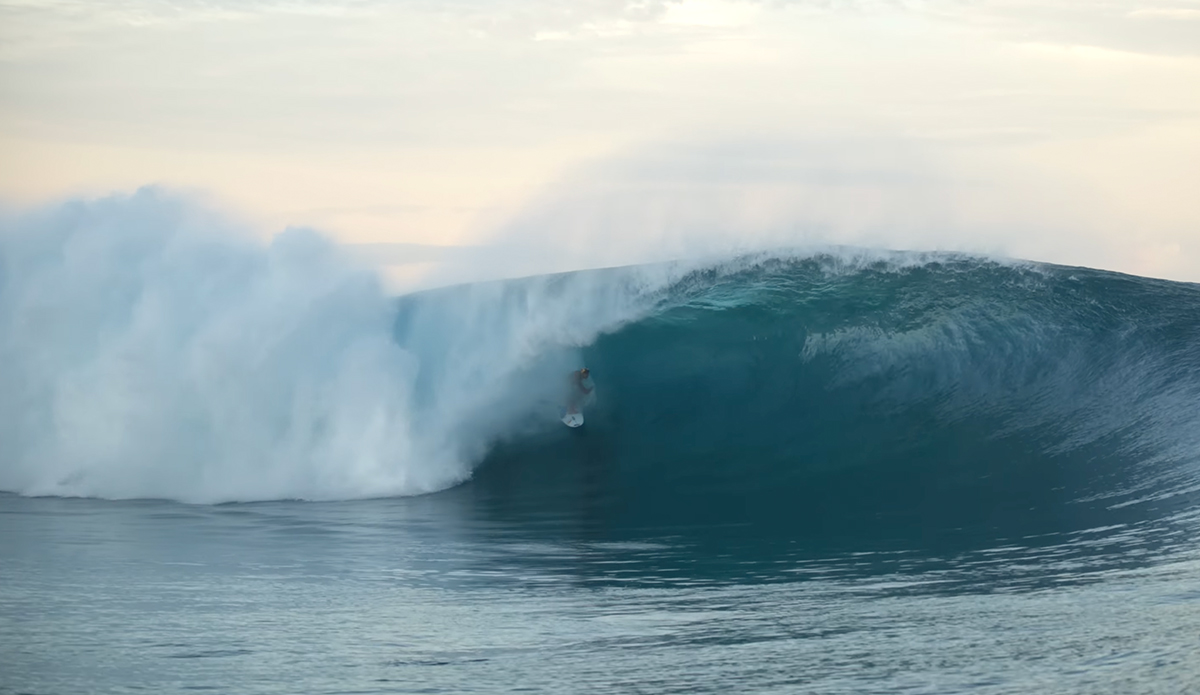 Kauli Vaast emerging from the mist on one of the best days Tim Bonython has ever filmed at Teahupo'o. Photo: Tim Bonython // YouTube