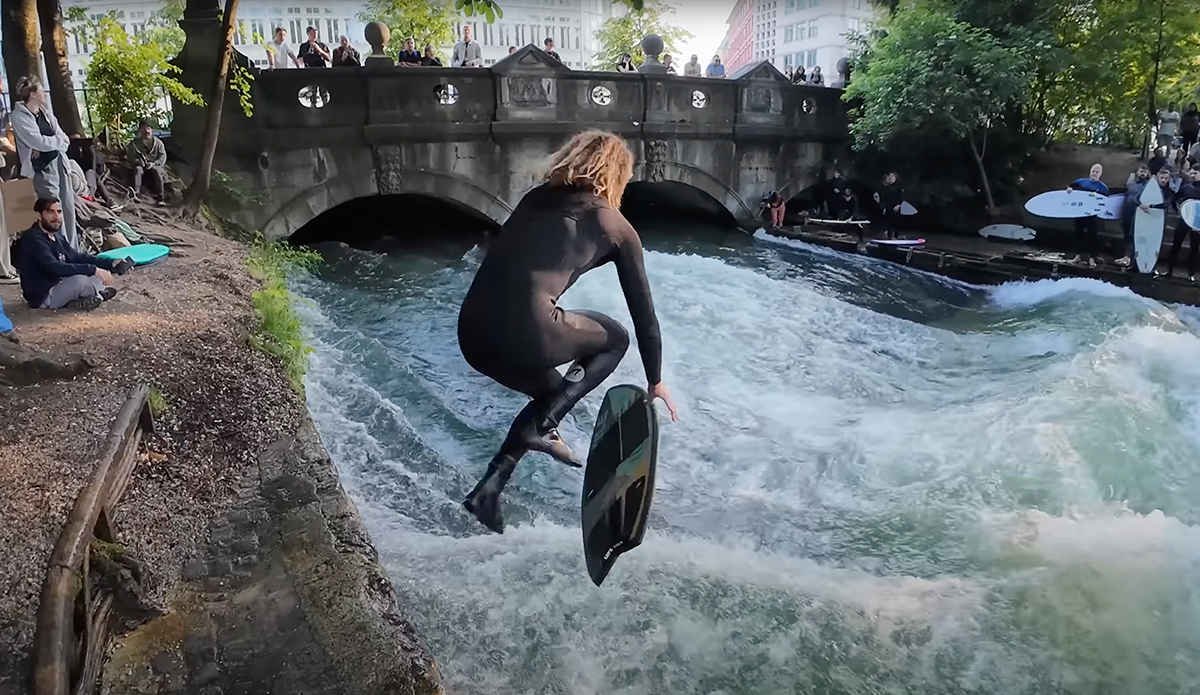 Blair Conklin drops into Germany's most famous river surfing wave. Photo: Blair Conklin // YouTube