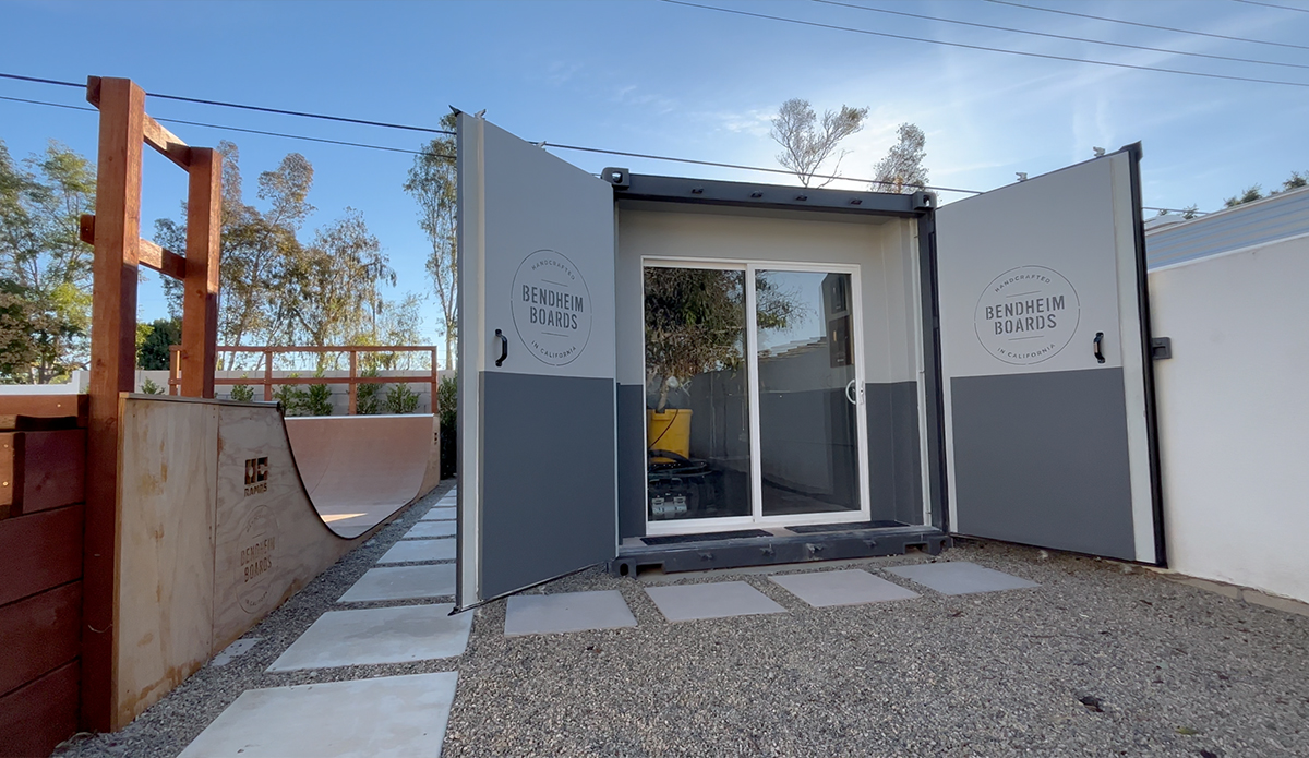 The exterior of the shipping container shaping bay. Photo: Tanner Bendheim