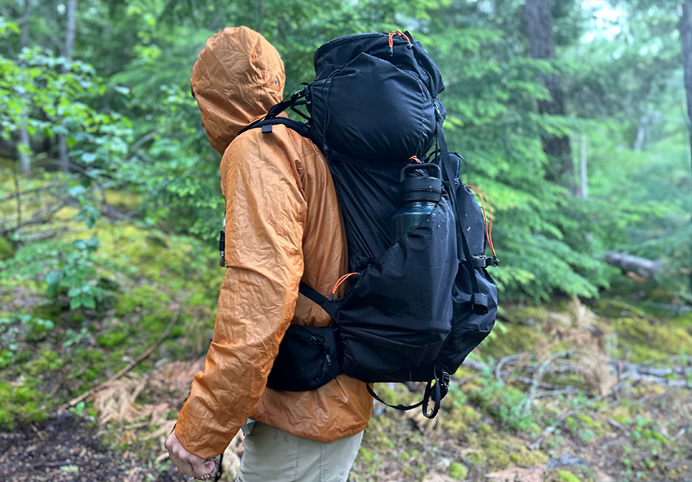 a hiker in the rainforest with a backpack