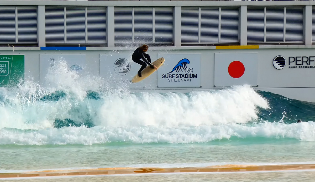 Blair Conklin practices his shove-its at Shizunami Surf Stadium in Tokyo, Japan. Photo: Skid Kids // YouTube