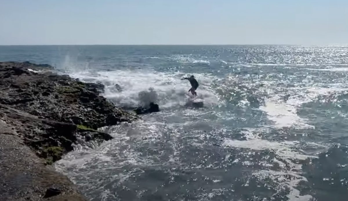 Ben Gravy just barely made it out at this rocky SoCal secret spot. Photo: Ben Gravy // YouTube