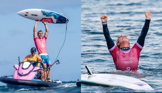 Kauli Vaast and Caroline Marks took Gold in the second ever surfing events at the Olympic Games. Photos: Pablo Jimenez, Tim McKenna // ISAjpg