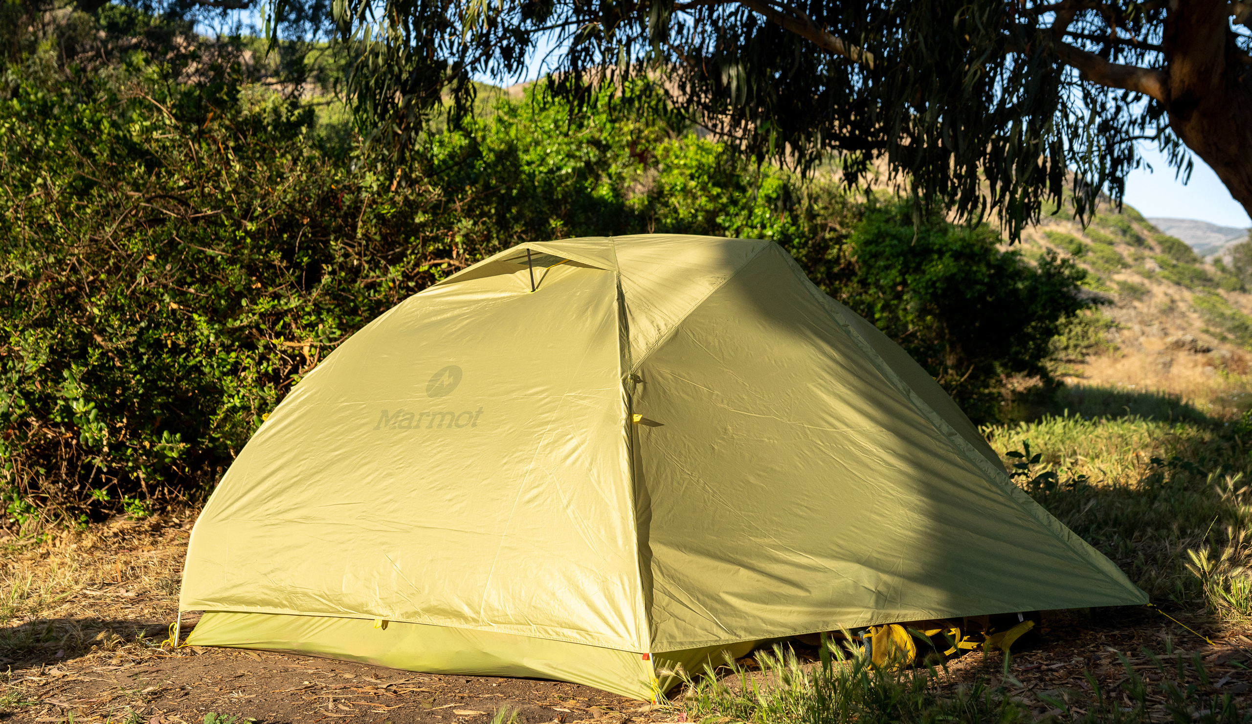 a backpacking tent setup at camp