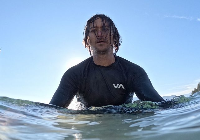 a shot from the water of the RVCA long sleeve rash guard