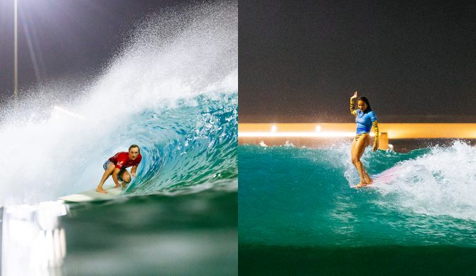 Steven Sawyer (Left) and Alice Lemoigne (Right) Won the 2024 Abu Dhabi Longboard Classic Photo: Tommy Pierucki // WSL