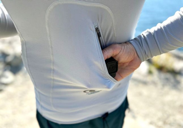 Stashing a gopro camera in the back pocket of the oneill ozone rash guard