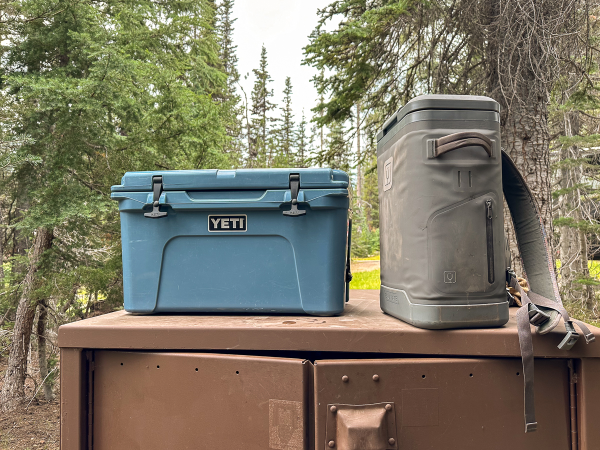 two coolers sitting on a bear box