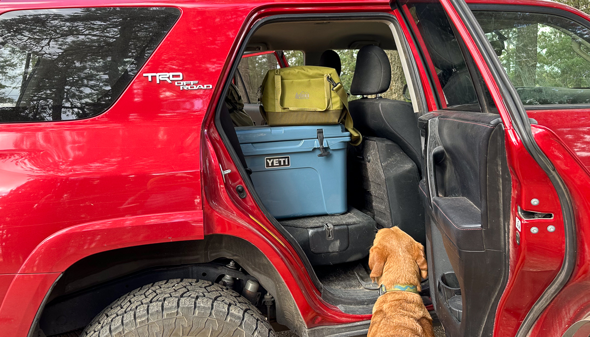 open car door showing two coolers