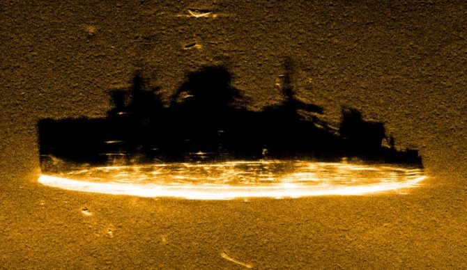 A sonar image of the sunken U.S. Stewart resting on the seafloor of the Cordell Bank National Marine Sanctuary. Photo: Ocean Infinity