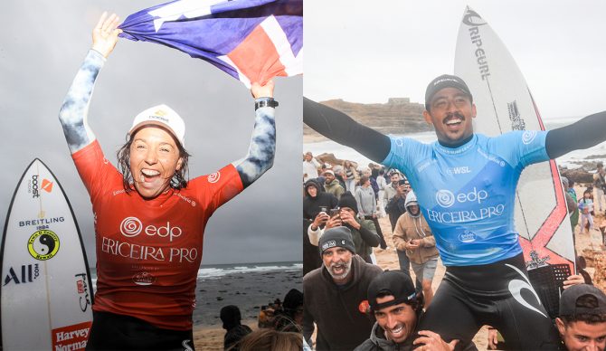 Sally Fitzgibbons and Samuel Pupo won the Ericeira Pro. Photo: Laurent Masurel // WSL