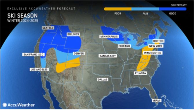 a map of the united states predicting ski season favorability for the winter of 2024-2025