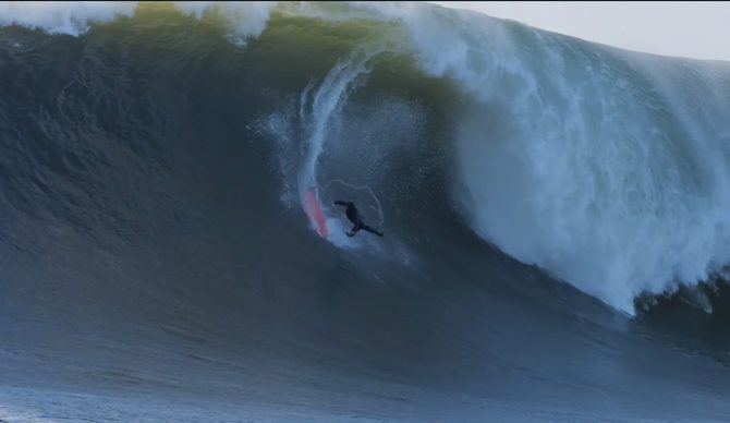 Wilem Banks takes a tumble on Maverick's opening day. Photo: Tucker Wooding // YouTube