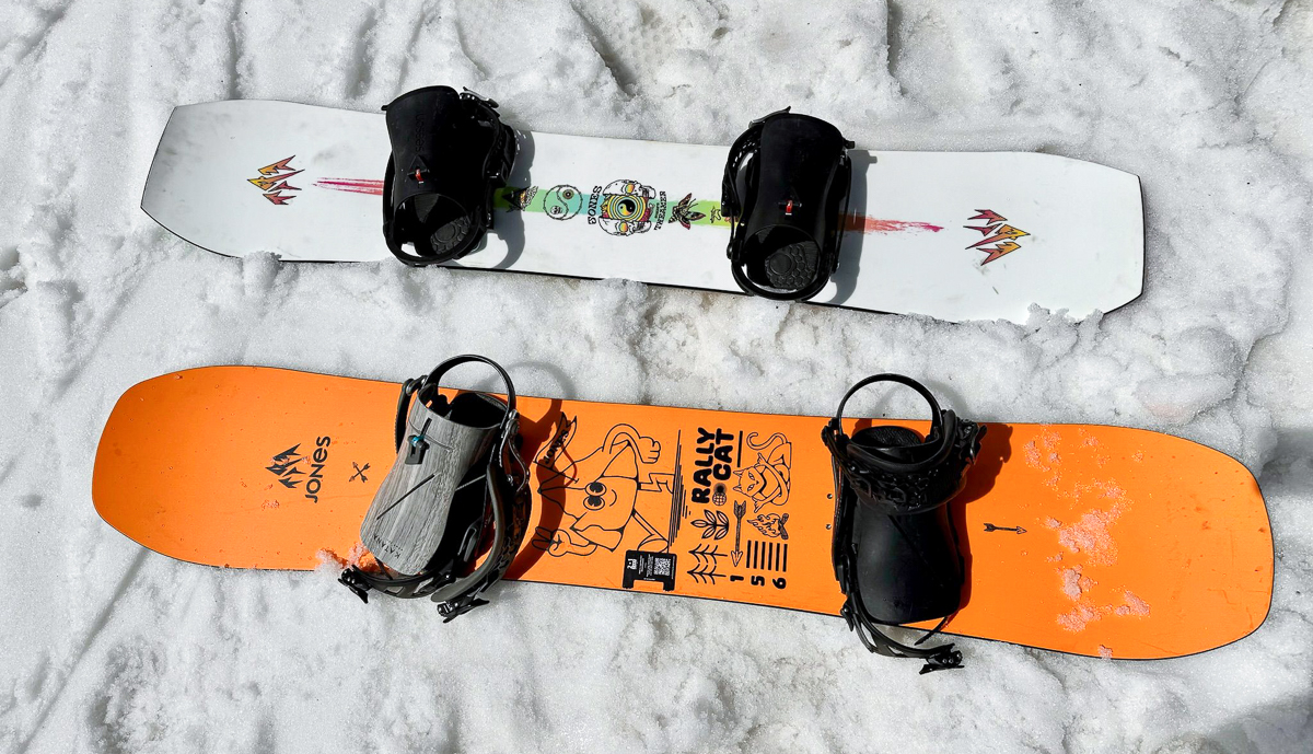 two snowboards with bindings