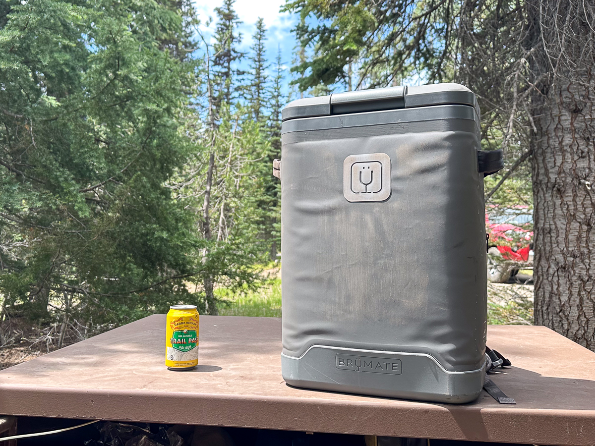 NA beer next to backpack cooler on bear box