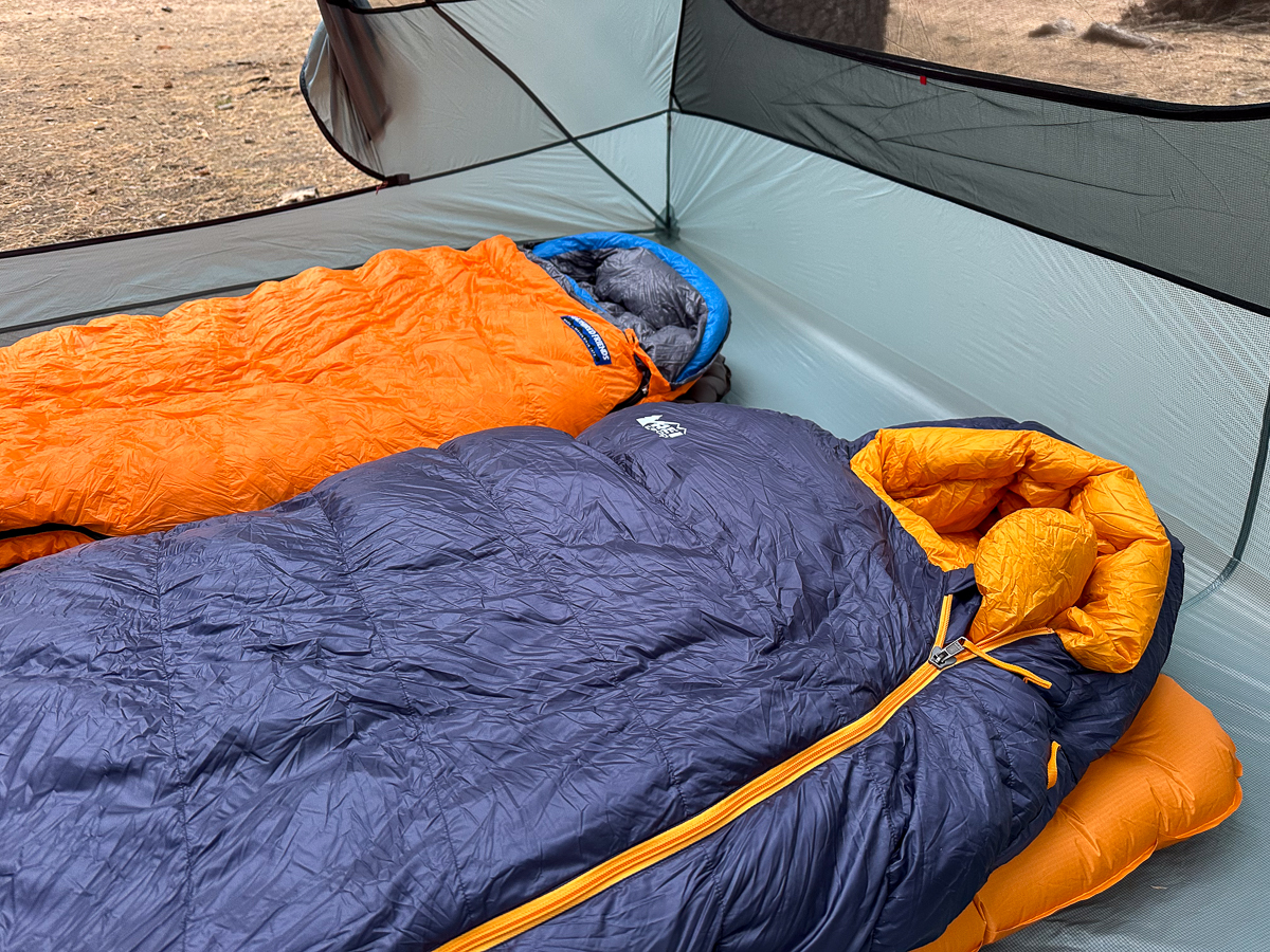 two sleeping bags in a tent