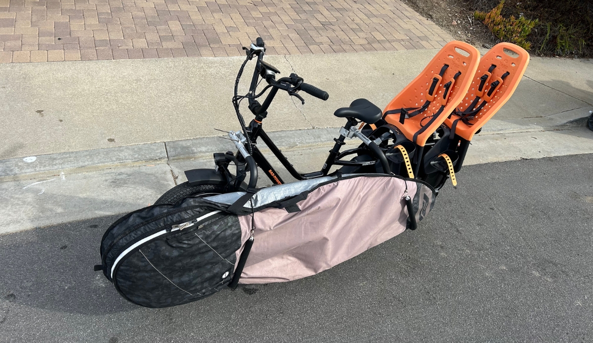 Rad Power Bikes RadWagon 5 with a Moved By Bikes Longboard Surfboard Rack