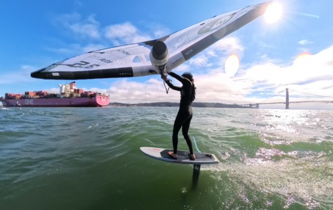 Wing Foiling a cargo wake